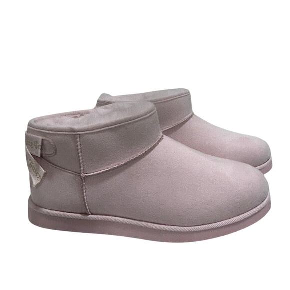 Juicy Couture Blush Pink Faux Fuzzy Ankle Booties 9 Faux Suede Bow Detail Logo - Picture 1 of 10